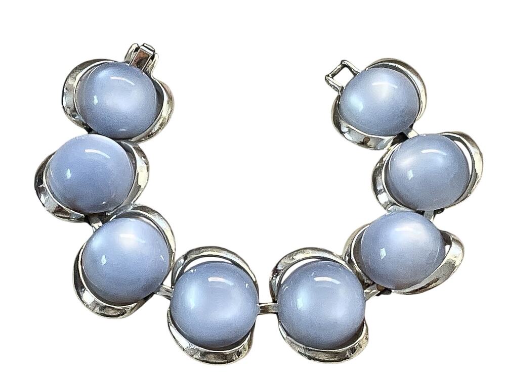 1960s Faux Sky Blue Lucite Moonstone Cabochon Link Bracelet